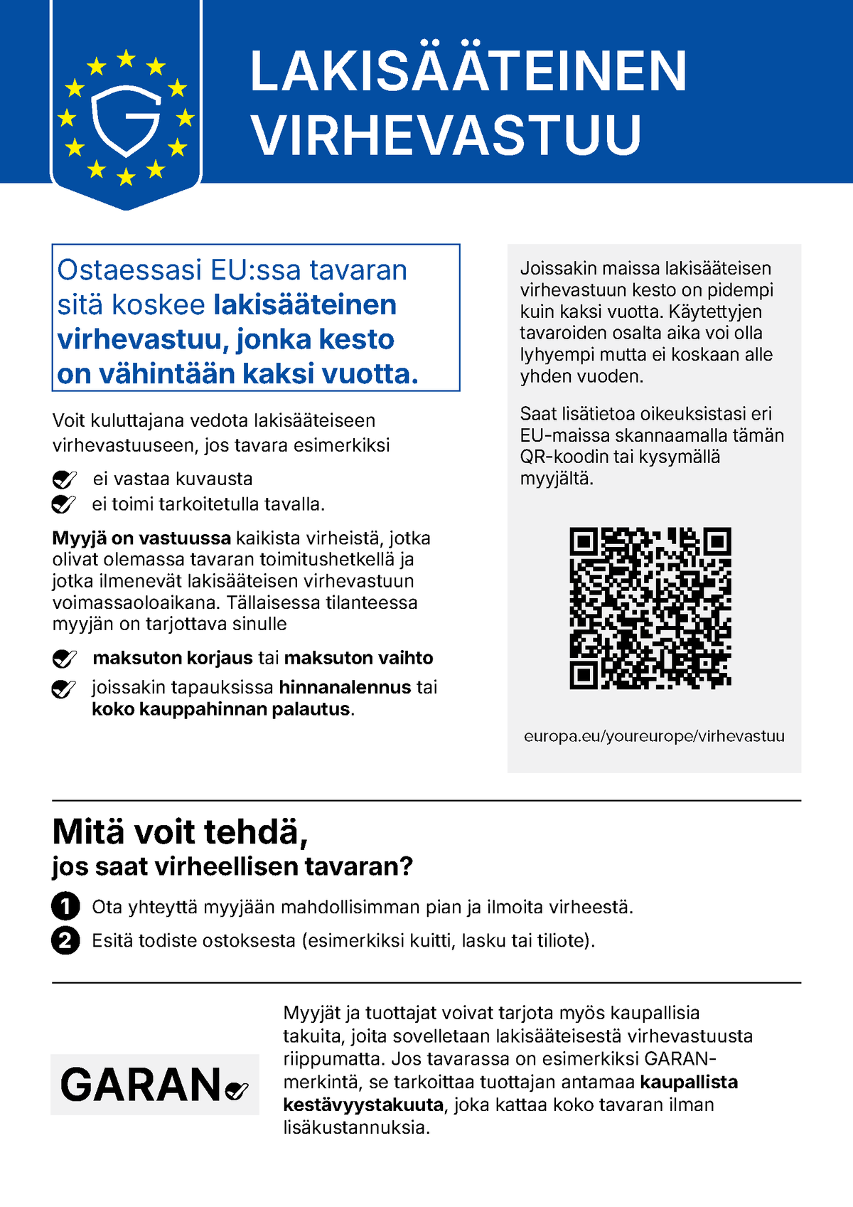EU:n yhdenmukaistettu ilmoitus lakisääteisestä takuusta