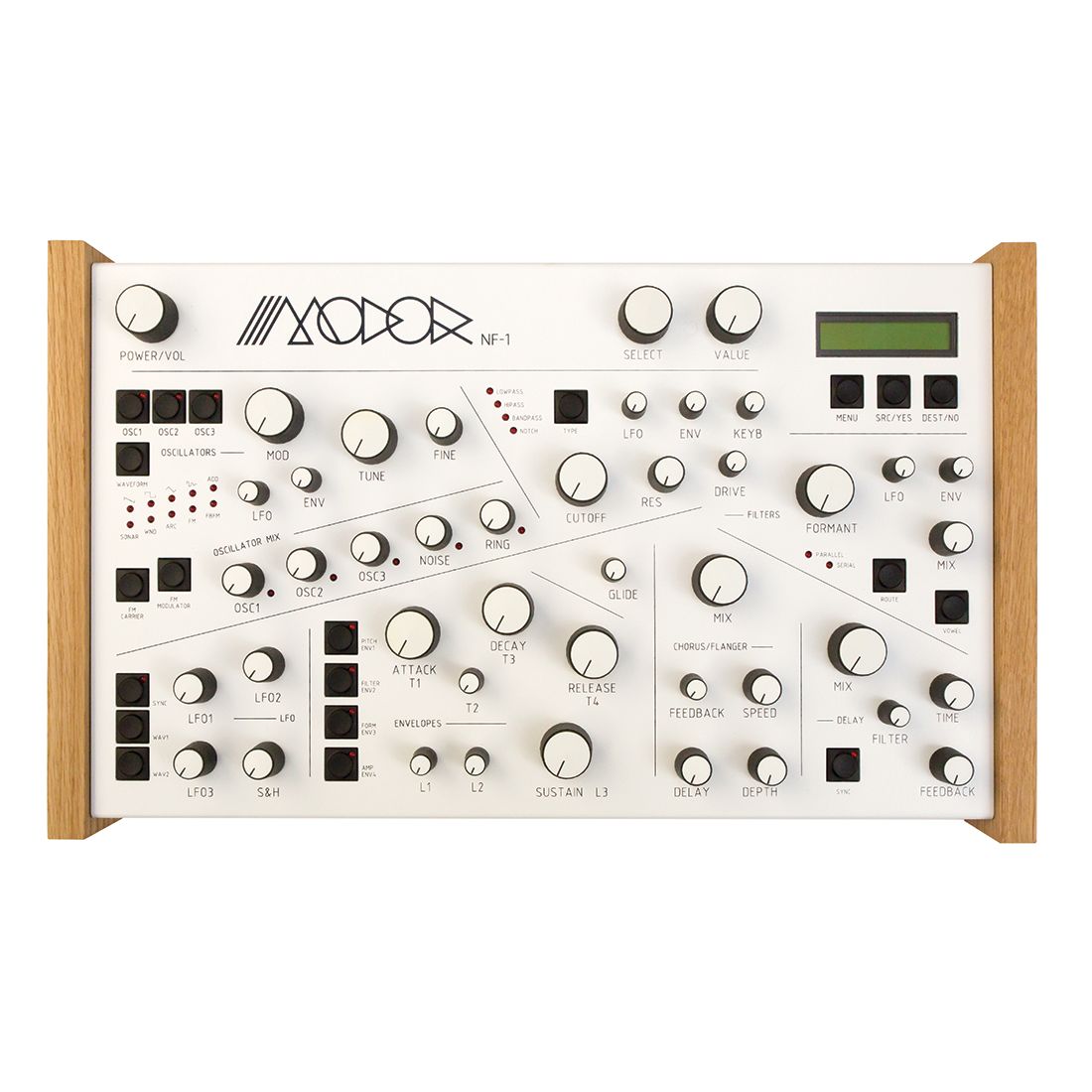 Modor NF-1 digital synth med vit frontpanel och snedskurna rattar