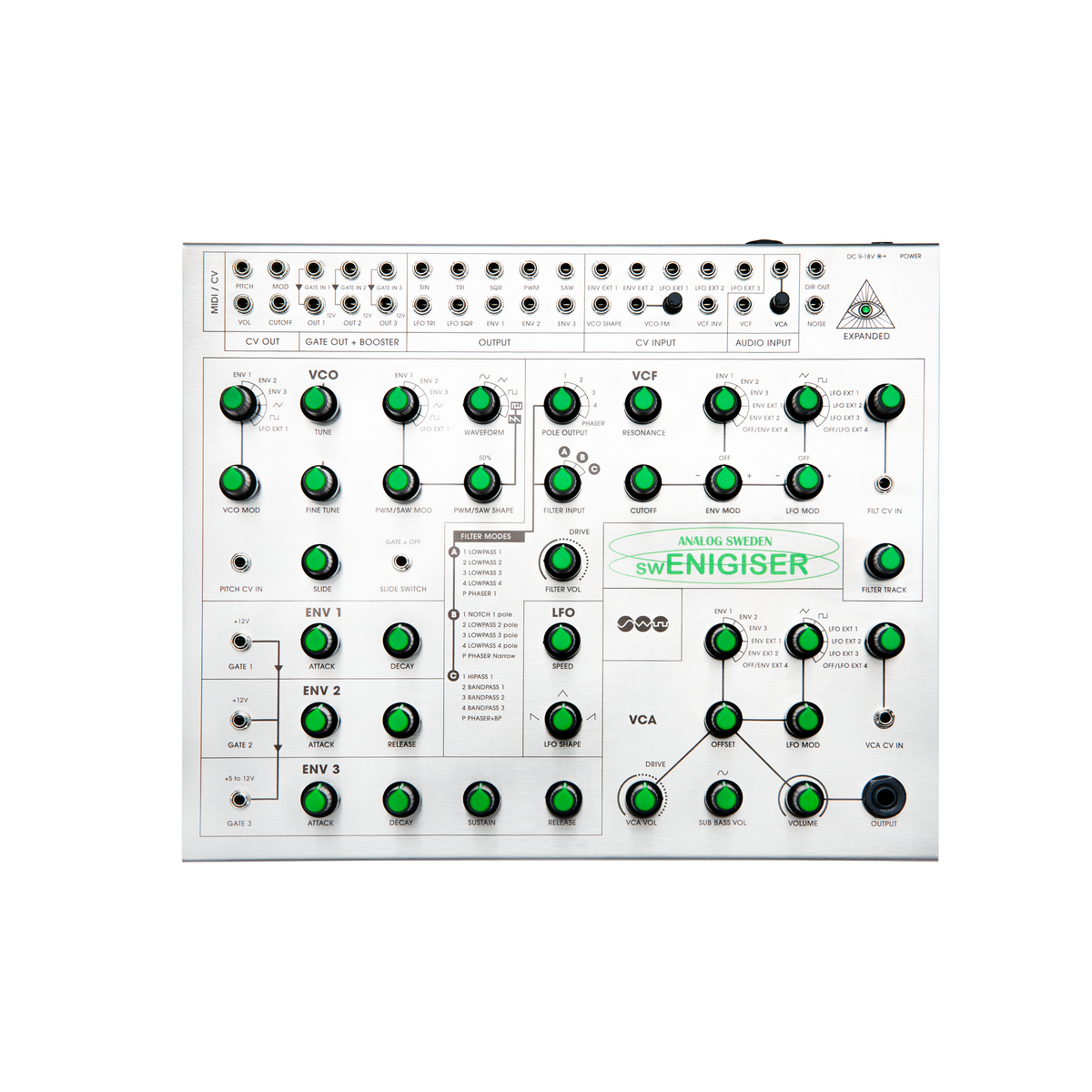 swEnigiser halvmodulär analog synth, frontpanel