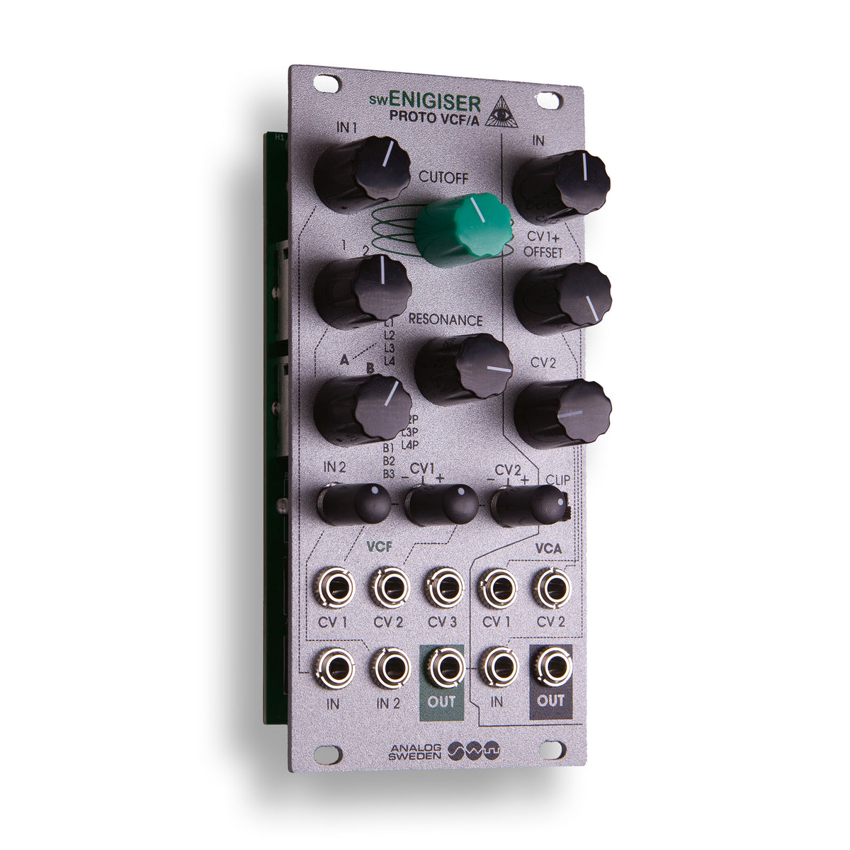 swEnigiser Proto VCF/A -moduuli hopeapaneelilla, viistosta